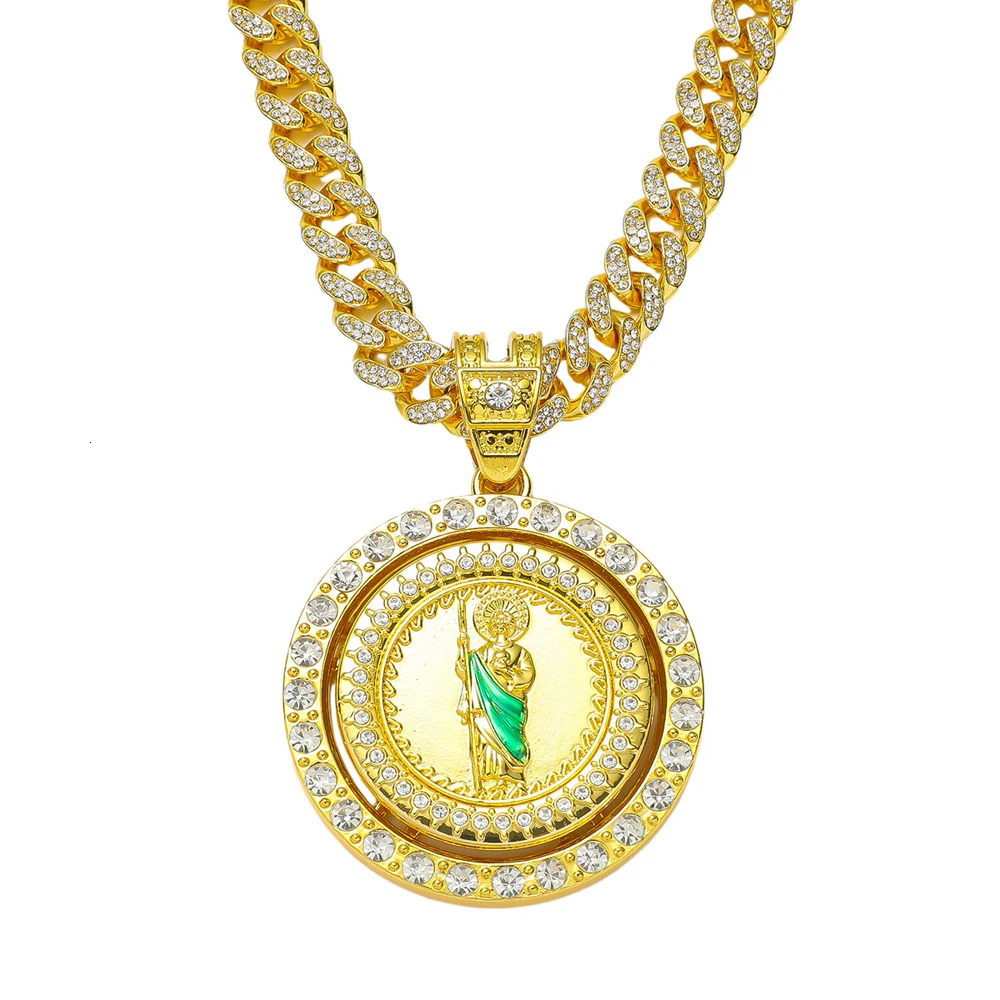 Mens Hip Hop Rotatable St. Jude San Judas Pendant Necklace with Cuban Chain Religious rotation Saint Jude Idol Pendants Jewelry 250222
