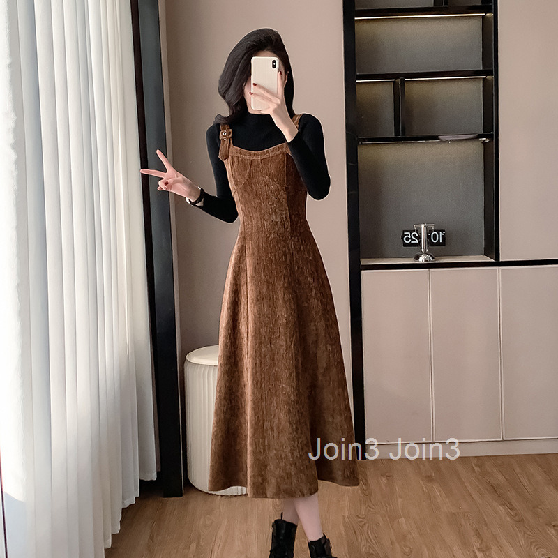 Autumn/Winter New Strap Dress Half High Collar Long Sleeve Undercover Two Piece Set