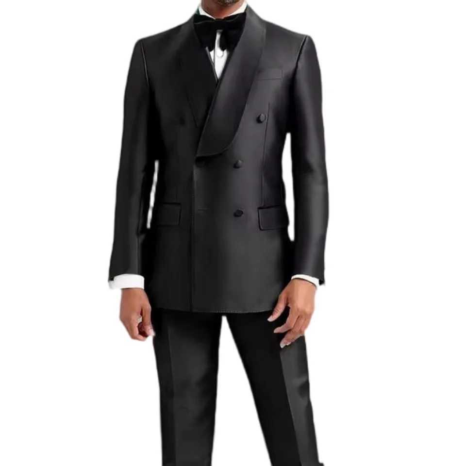 Silver Grey Satin Double Breasted Suits for Men Wedding Slim Fit Formal Groom Tuxedo Custom Made Suit Shinny Jacket PantsXJ250222
