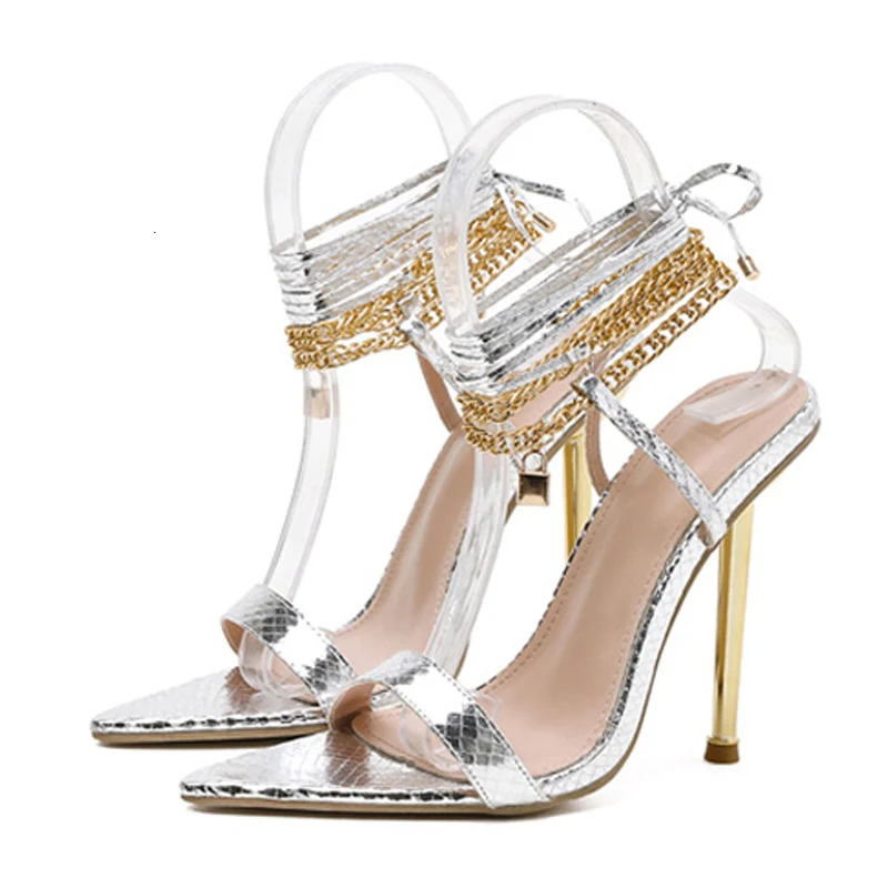 Womens Sandals High Heels 12CM Chain Ankle Strap Gold White Pointed Toe Female Party Shoes Sandalias de mujer Size 35-42 250221