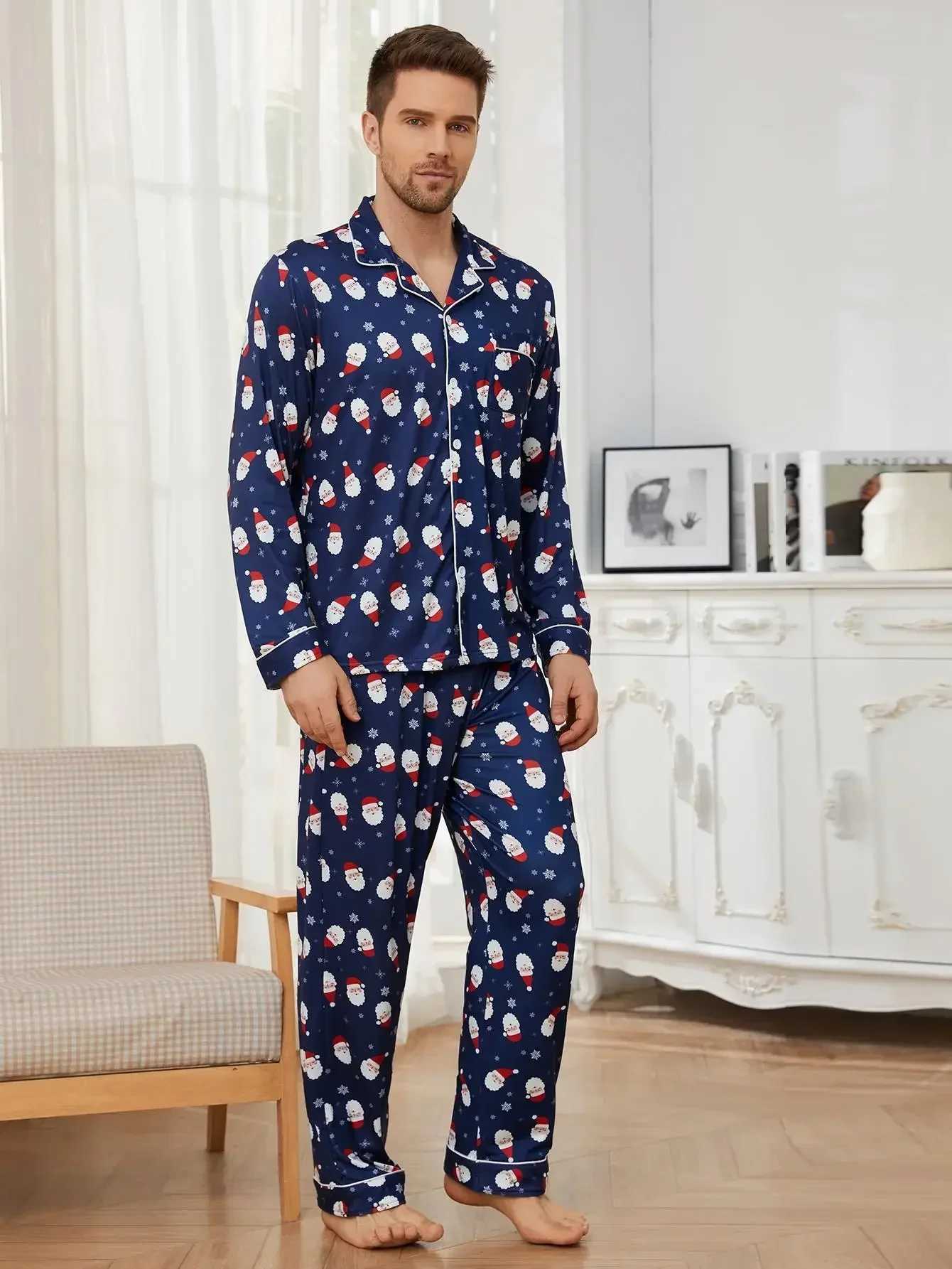 Christmas Santa Claus Men Pajama Set Long Sleeves Button Top Full Length Pants Sleepwear 2 Pieces Notched Collar NightwearXJ250222