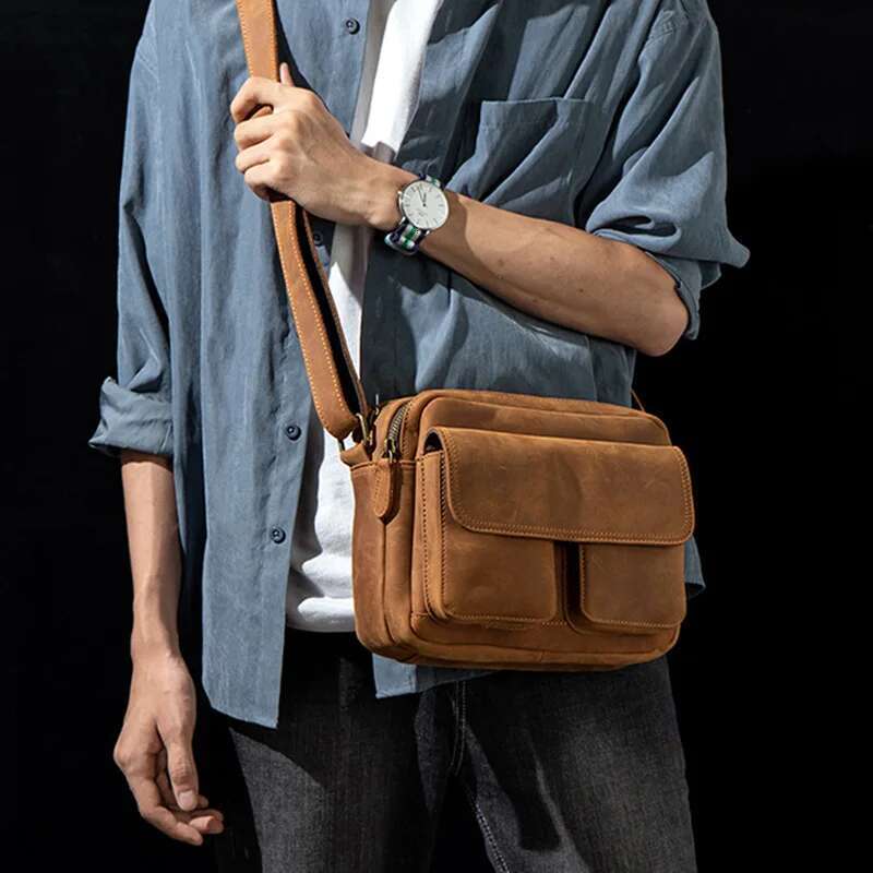 JLFGPJ Handmade Crazy Horse Leather Crossbody Small Backpack Men's Head Layer Cowhide Vintage Leisure Shoulder Messenger Bag