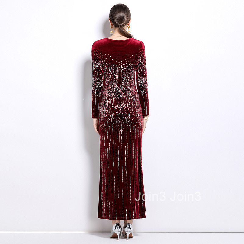 Autumn/winter New Womens Clothing Style Velvet Hot Diamond Long Sleeve Slimming Long Dress