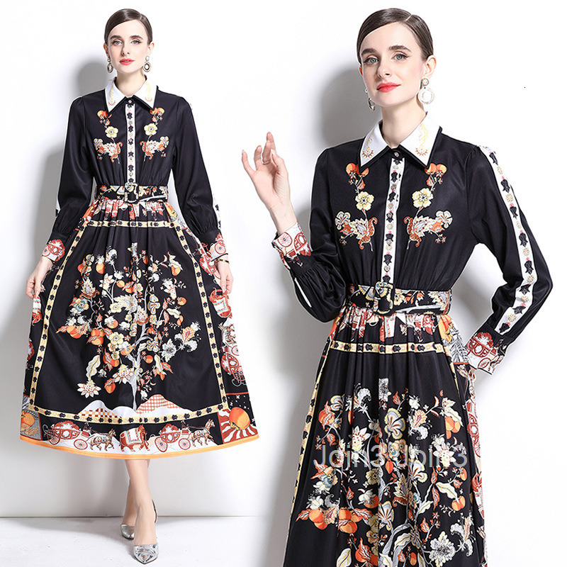 Spring New Womens Fashion Printed Collar Long Sleeve Crimson Waist Big Swing Long Skirt Dress