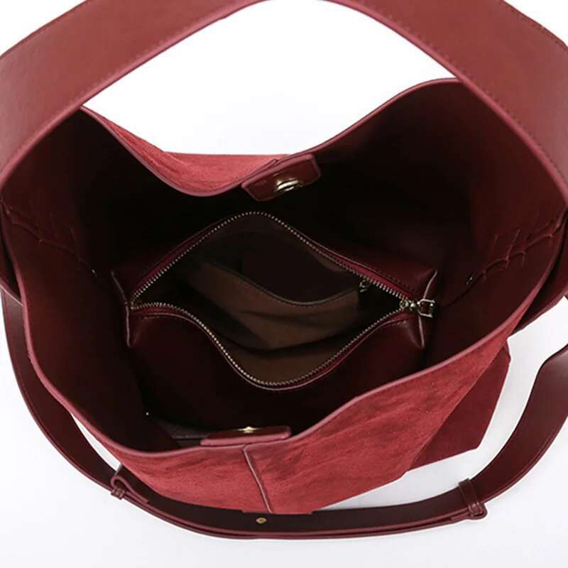 Oversize Women Suede Leather Winter Bags Frosted Handbag And Purses Retro Lady 2In1 Tote Bucket Bag With Hanging Ears