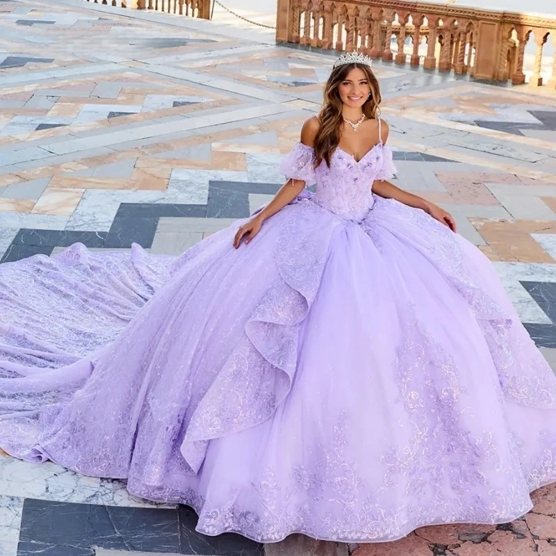 Lavender Lace Princess Quinceanera Dresses Long Train Spaghetti Straps Ball Gown Sweet 16 Dress Ruffle Special Occasion Gown 2025
