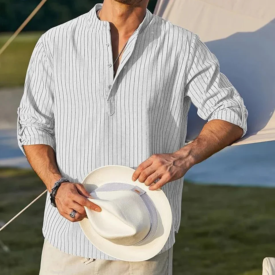 Comfy Holiday Daily Shirt Striped Shirts Vintage Autumn Casual Fashion Grandad Collar Long Sleeve 250220