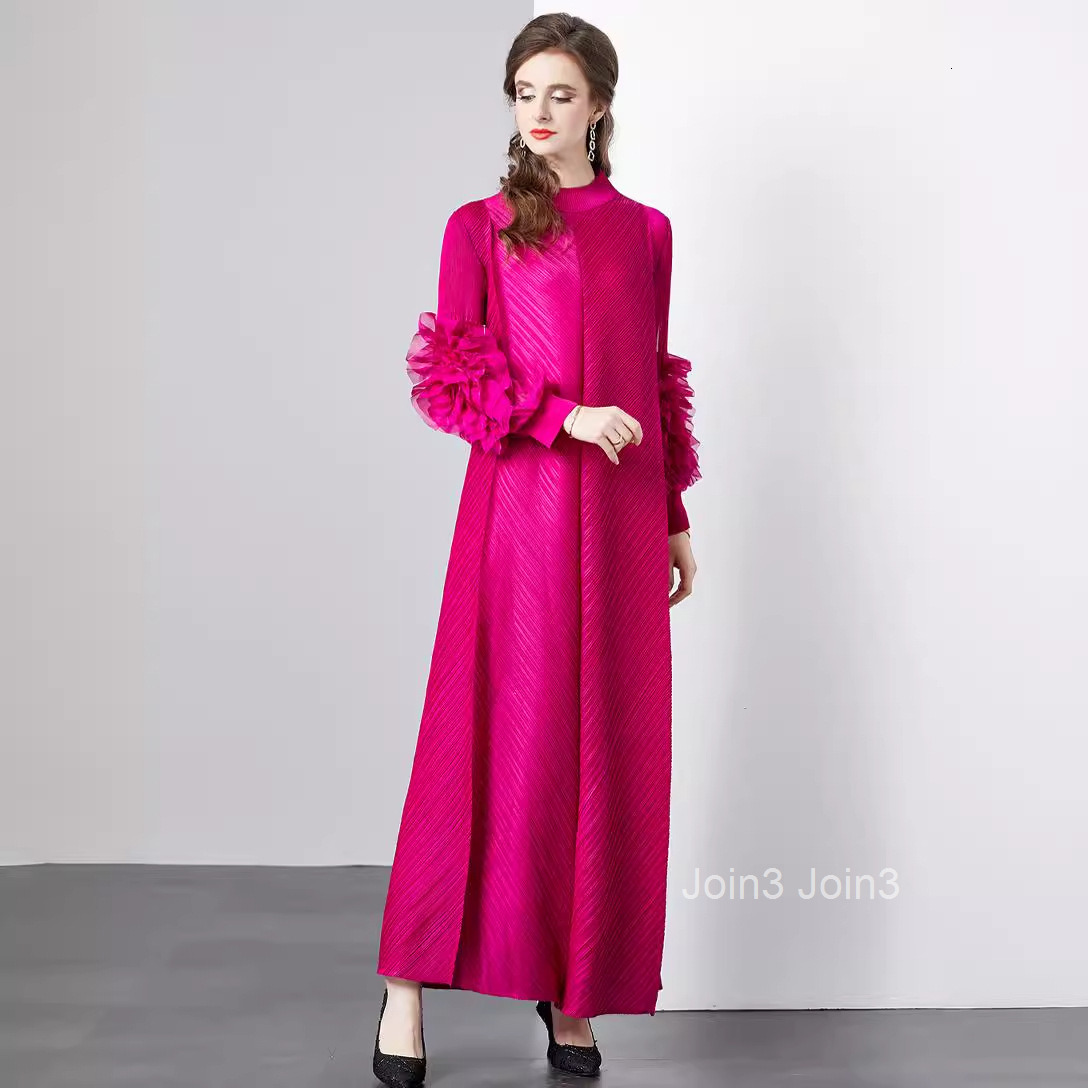 Floral Long Dress for Spring and Summer Solid Color Temperament Long Loose Plus Size Dress Pleated for Women