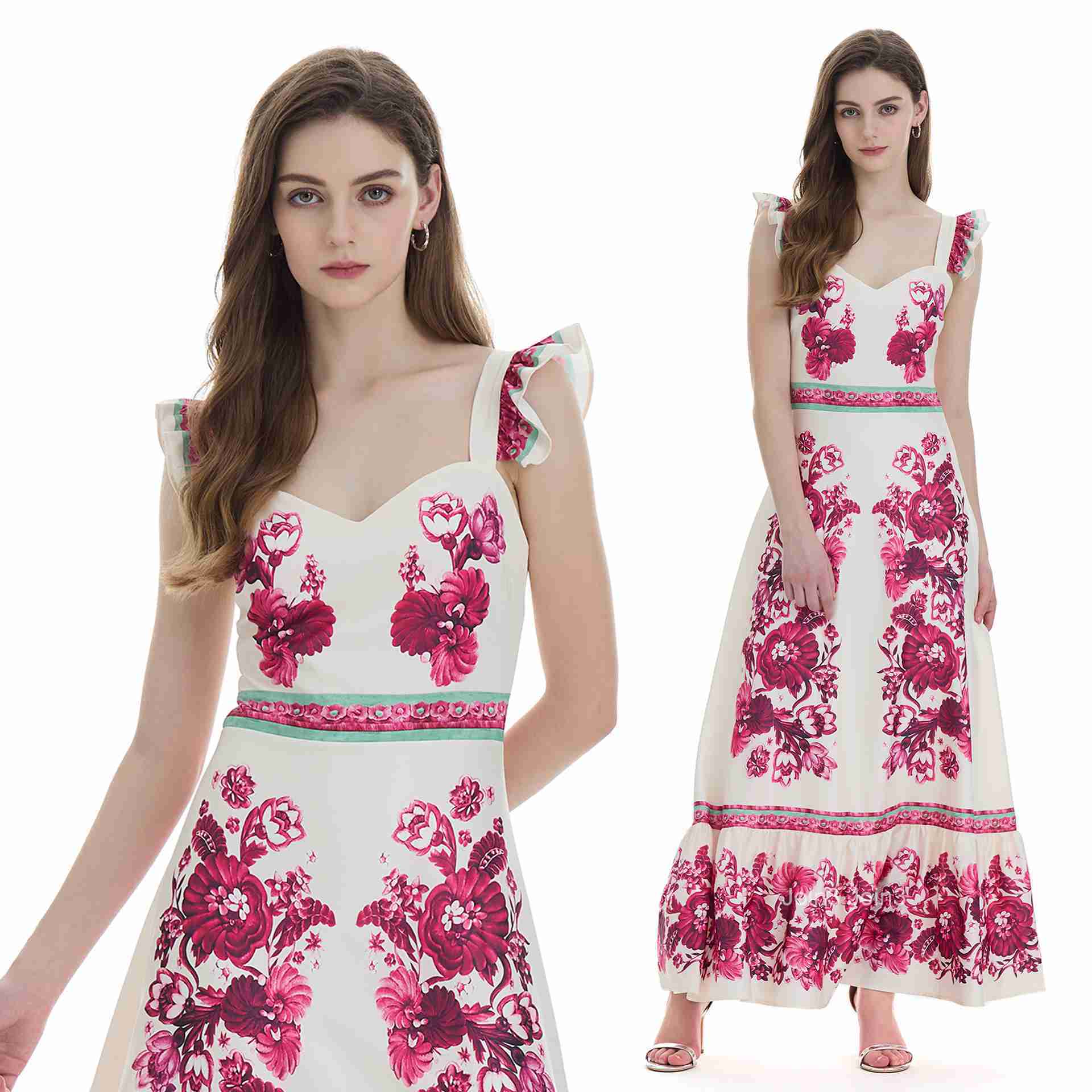 summer new womens printed ruffle edge suspender long skirt slim fit high waist A-line dress