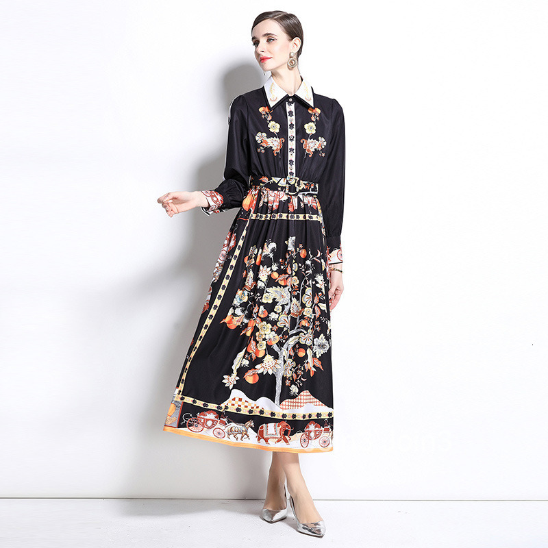 Spring New Womens Fashion Printed Collar Long Sleeve Crimson Waist Big Swing Long Skirt Dress