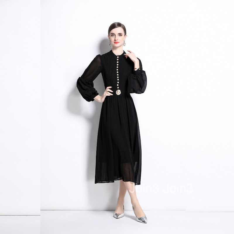 Heavy Industry Single Row Metal Buckle Hundred Fold Stitching Bubble Sleeves Waist up Big Swing Elegant Long Dress