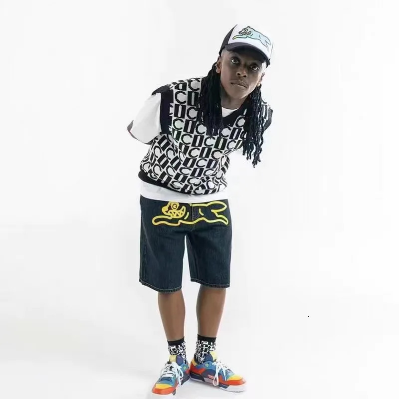 Dog Embroidered Jeans Men Shorts Skull Head Pocket High Elastic Feet Middle Pants Worn Out 3D Print Zipper Slim Fit Street2 250214Z