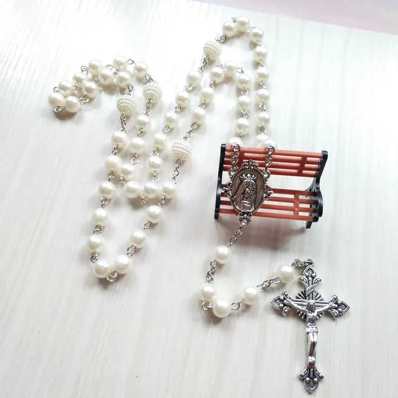 QIGO White Acrylic Pearl Long Catholic Necklace Cross Pendant Rosary Necklace Religious JewelryXJ250222