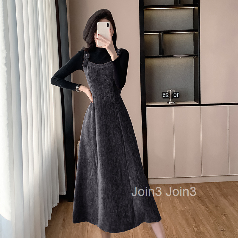 Autumn/Winter New Strap Dress Half High Collar Long Sleeve Undercover Two Piece Set