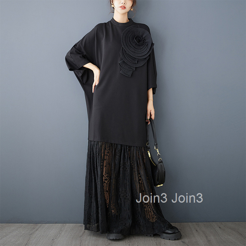 Spring and Autumn New Loose Dark Design Three Dimensional Flower Lace Splicing Temperament Slimming Dress
