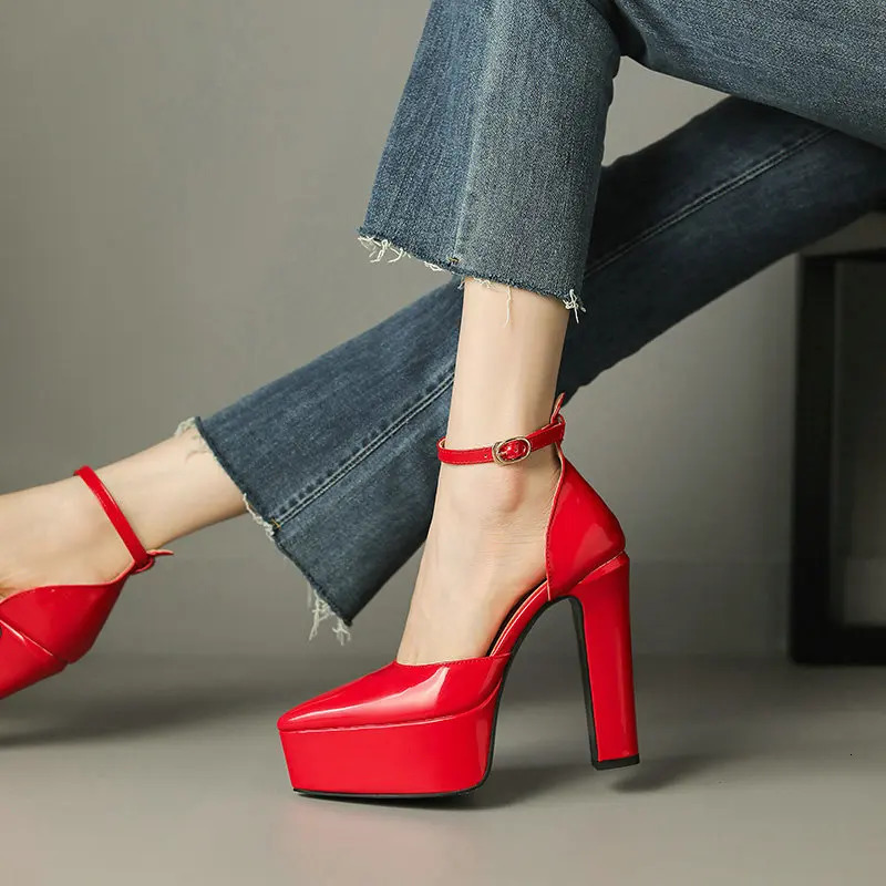 PU Patent Leather Pink Green Pointed Closed Toe Women Mary Janes Pumps Spring Big Size 33-43 Platform Sandals Block High Heels 250221