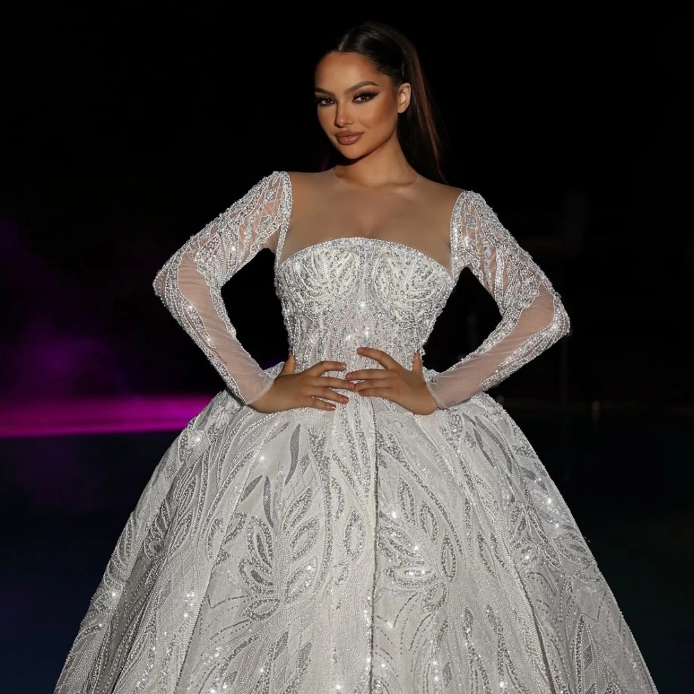 Elegant Ball Gown Wedding Dress For Women Sheer Neck Long Sleeves Bridal Gowns Lace Sequins Sweep Train Dresses Custom Made vestidos de novia