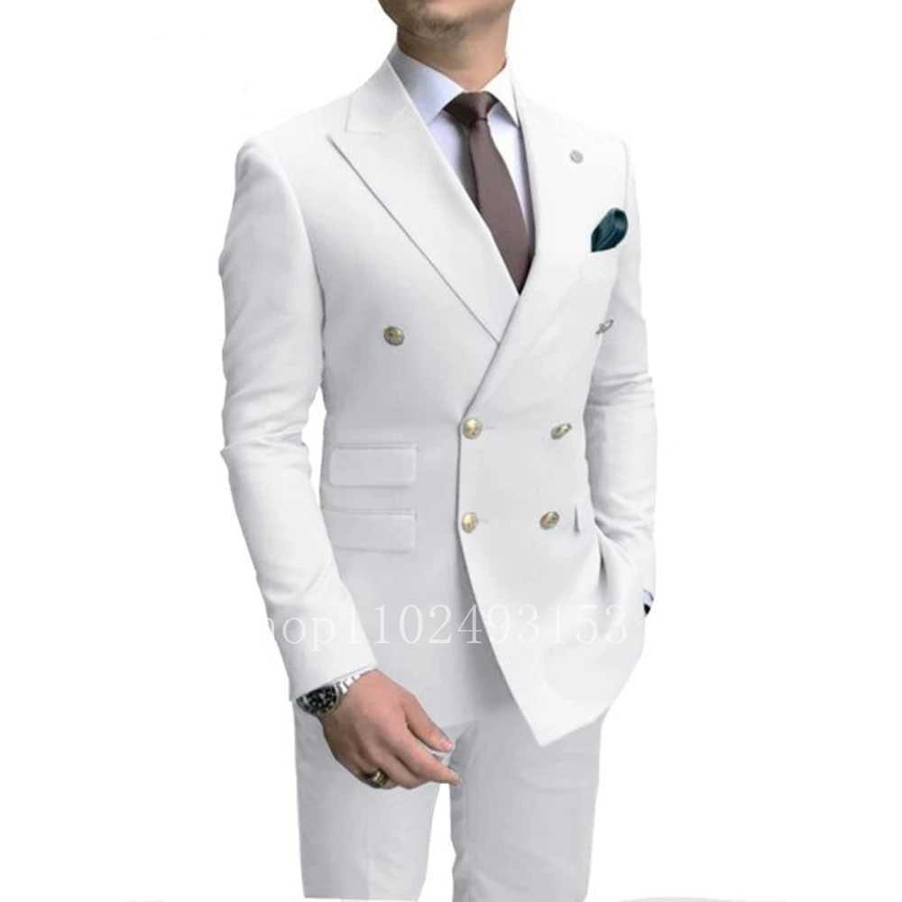 New Fashion White Male Suits Slim Fit 2 Pieces Double Breasted Elegant Formal Best Men Male Wedding Suits Set Costume HommeXJ250222
