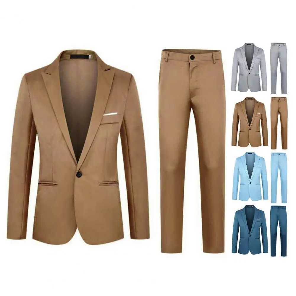 Mens Slim Fit Pants Set Mens Slim Fit Business Suit Set with Single Button Long Pants Spring Autumn Solid Color Lapel DesignXJ250222