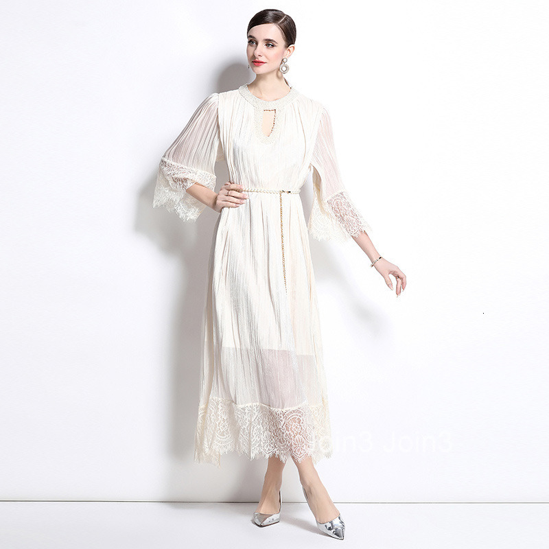 Spring New Womens Style Lace Splicing pleated Long Dress Large Loose Nail Bead Dress