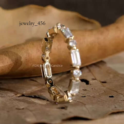 FOXI VVS Moissanite Fashion Recycled Sterg Sier Gold Plated Vermeil baguette Round Bezel Eternity Ring