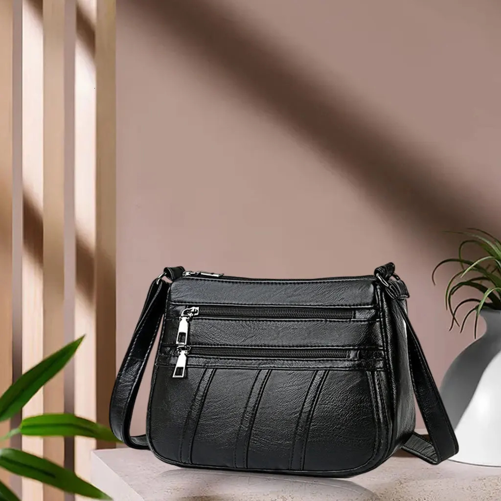Ship from US Fashion Ladies Retro Style Cross Body Bag PU Leather Casual Messenger Shoulder Handbag Long Strap Black with Compartments 250227FBB