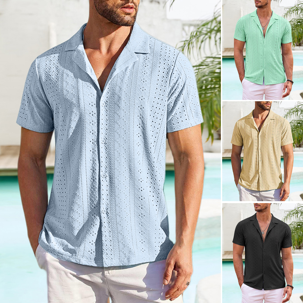 Men's Short Sleeved Shirt Button Men's Loose Casual Beach Wear Men's Designer Shirt Summer Hollow Out Quick Drying Breathable Shirt Vac