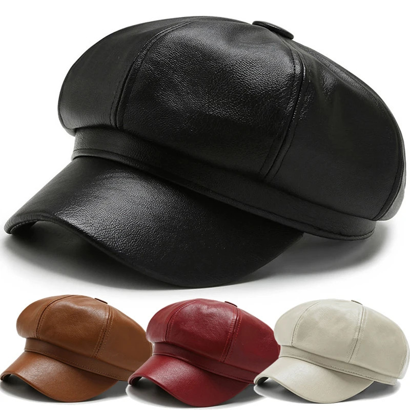 Women Men PU Leather Berets Hat Retro British Solid Beret Baseball Cap Outdoor Sun Hat Winter Warm Octagonal Hats s Caps 250221