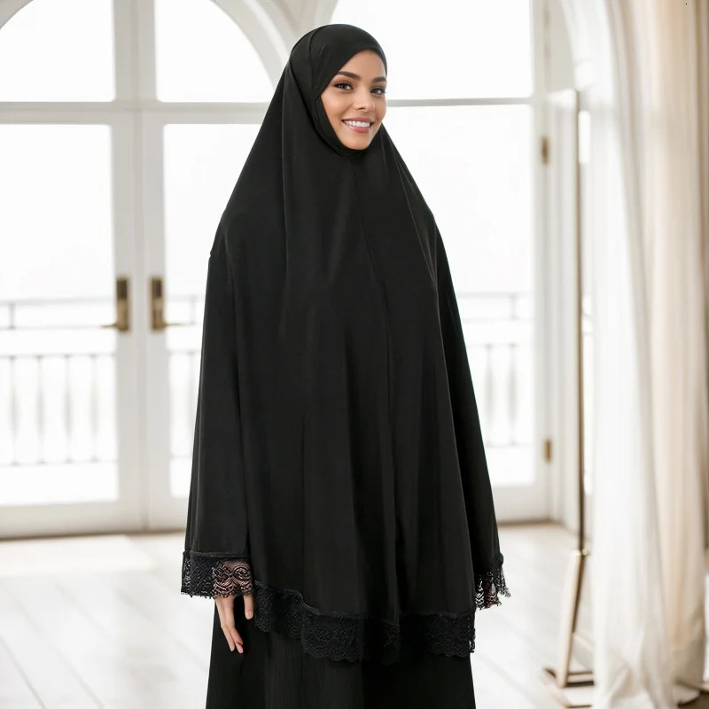 Muslim Abayas Full Cover Lace Edge Women Black Clothing Solid Color Instant Hijab Soft Premuim Cotton Hemp Ramadan Prayer Dress 250221
