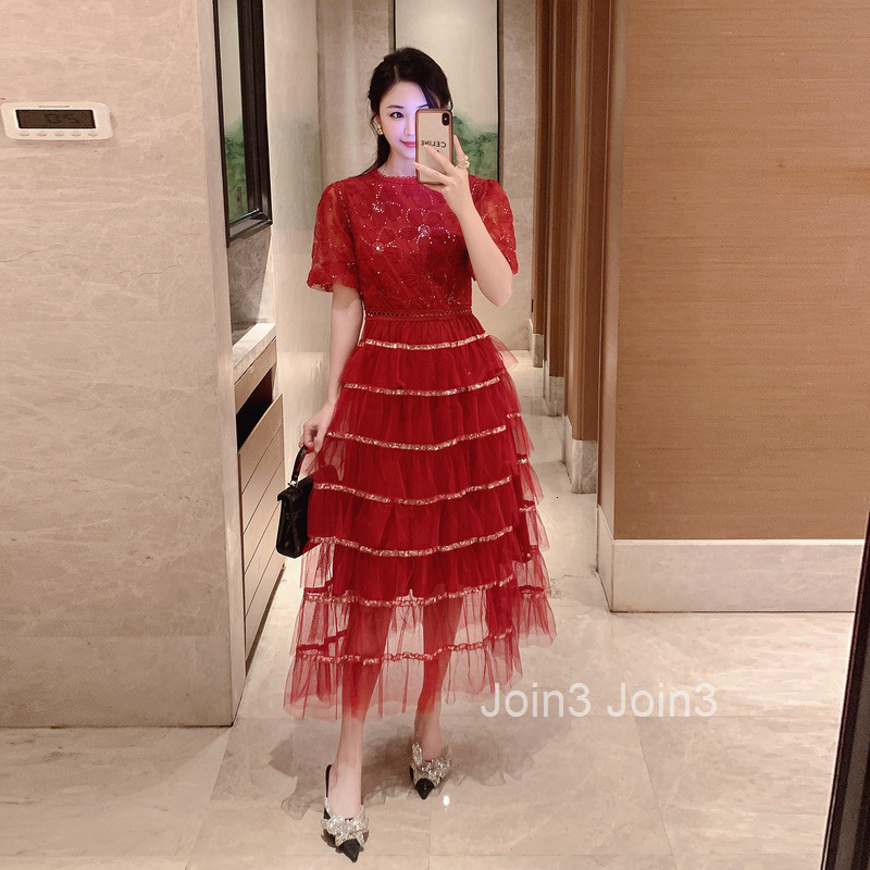 Spring/Summer New Womens Style Sparkle Embroidered Flower Bubble Sleeve Waist Mesh Cake Dress