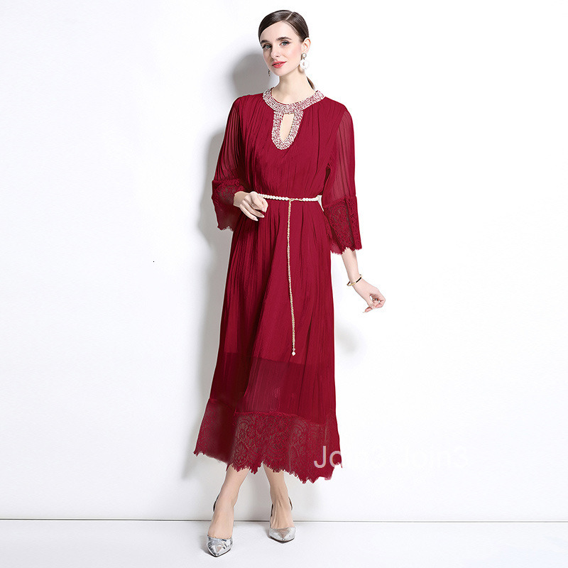 Spring New Womens Style Lace Splicing pleated Long Dress Large Loose Nail Bead Dress