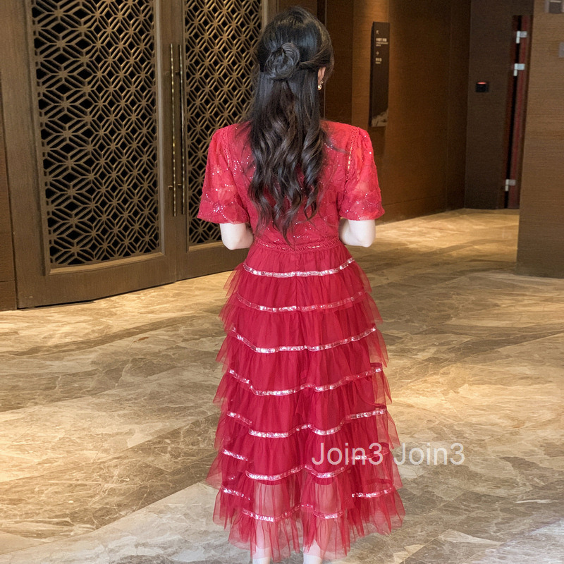 Spring/Summer New Womens Style Sparkle Embroidered Flower Bubble Sleeve Waist Mesh Cake Dress