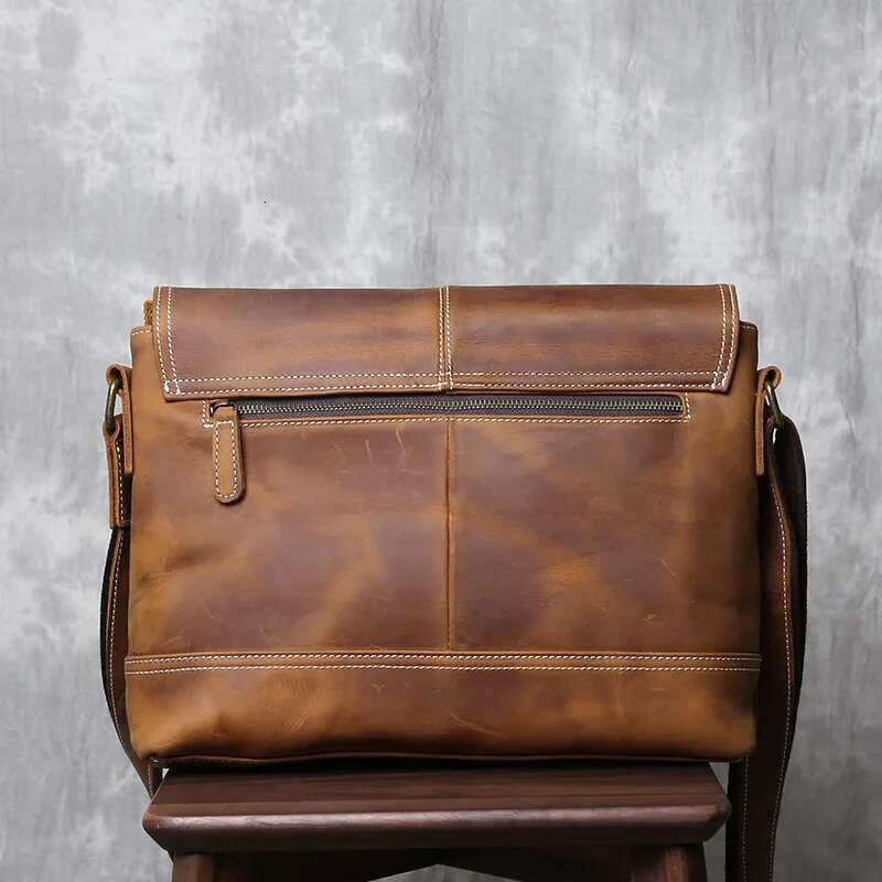 New Crazy Horse Men's Original Retro Shoulder Horizontal A4 Postman Bag Handmade Leather Crossbody Bag.