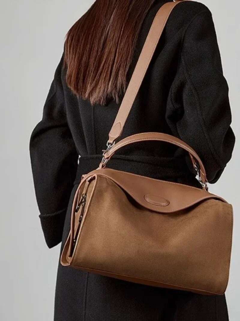 Suede Genuine Leather Boston Female Shoulder Crossbody Retro Style Handbag Bag For Women