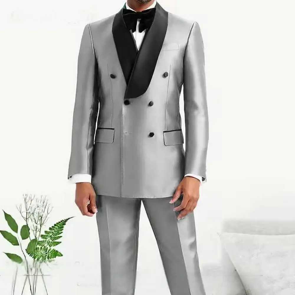 Silver Grey Satin Double Breasted Suits for Men Wedding Slim Fit Formal Groom Tuxedo Custom Made Suit Shinny Jacket PantsXJ250222