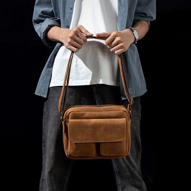 JLFGPJ Handmade Crazy Horse Leather Crossbody Small Backpack Men's Head Layer Cowhide Vintage Leisure Shoulder Messenger Bag