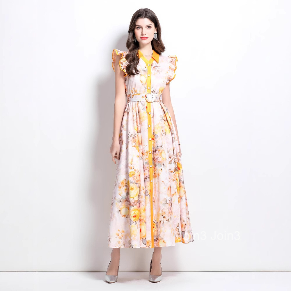 Spring/summer New Womens Clothing Style Flower Pattern Flying Sleeve Ruffle Edge Large Swing Long Dress
