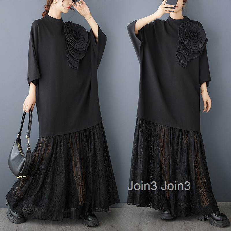 Spring and Autumn New Loose Dark Design Three Dimensional Flower Lace Splicing Temperament Slimming Dress