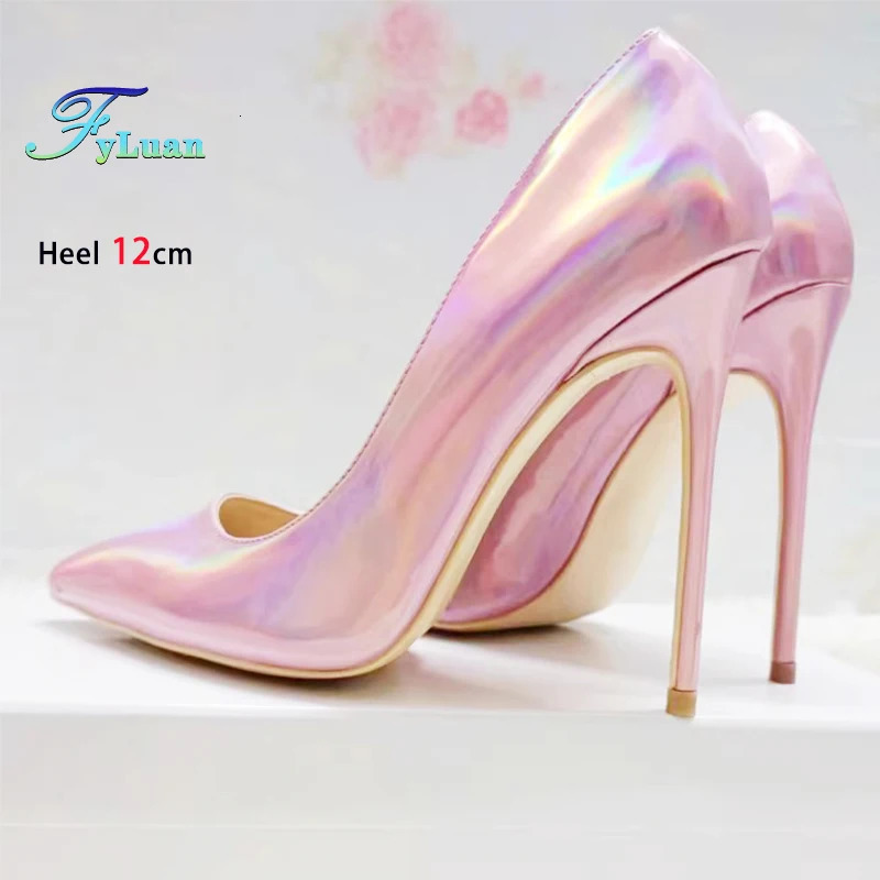 Pink 10CM 12CM High Heels Women Laser Holographic Party Dress Shoes Magical Colour Fashion Pointed Elegant Ladies Pumps Size 45 250221