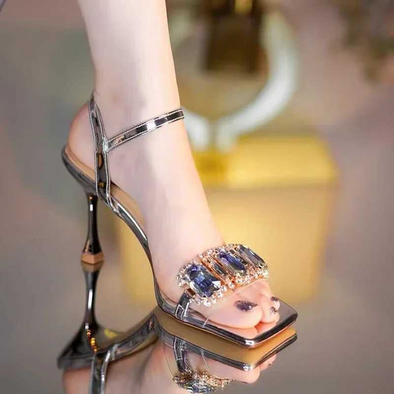 Luxury Diamond High Heels Women 2025 Summer Square Toe Shiny Crystal Sandals Woman Ankle Straps Elegant Party Pumps Women ShoesXJ2500305