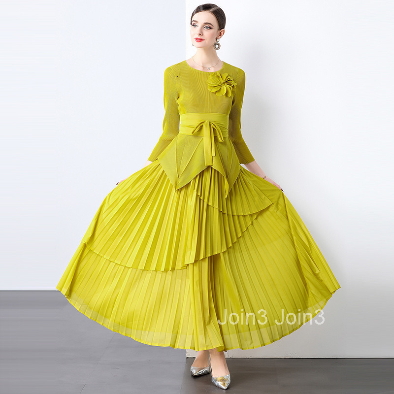 1 Miyake Irregular Top Long Skirt Set Womens Autumn Pleated Plus Size Skirt Two-piece Set