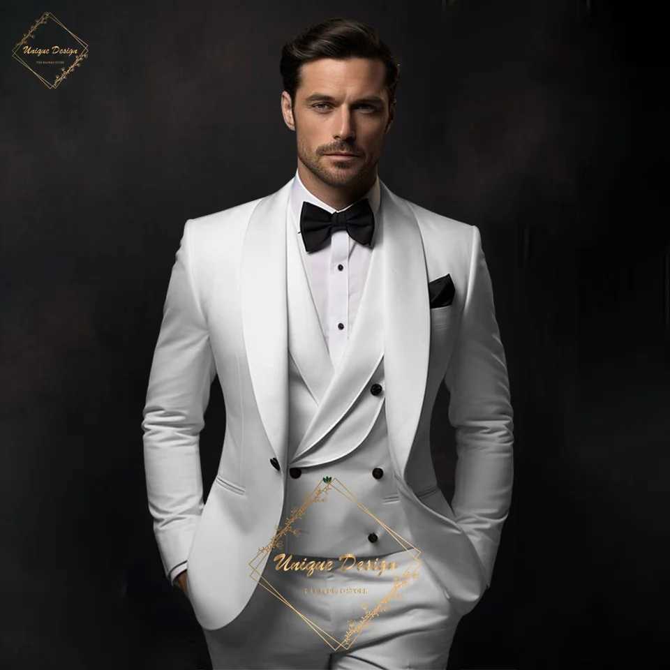 Premium WhiteTuxedo Suit for Men 3 piece Set lapel shawl classic tailored wedding groom prom cocktail party attire birthday giftXJ250222