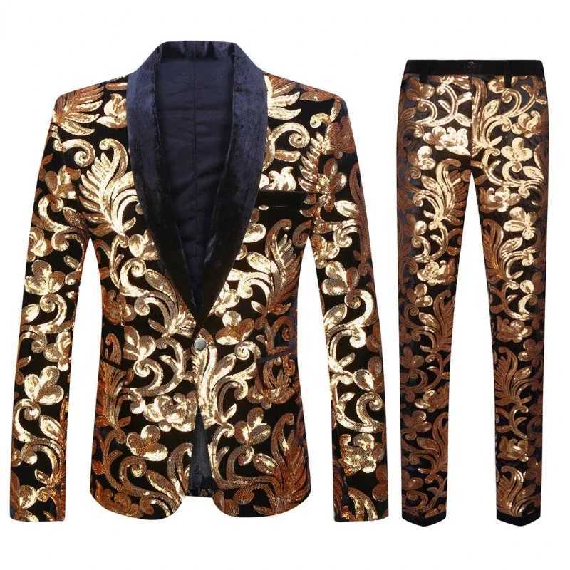 High Quality (Blazer + Trousers) Mens Gold Velvet Fashion Elegant Casual Wedding Banquet Party Sequin Costumes Two Piece SetXJ250222