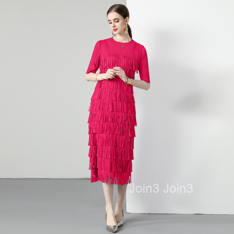 Summer New Womens Pleated Multi-layer Tassel Cake Skirt Solid Color Mid Sleeve Slim Fit Dress