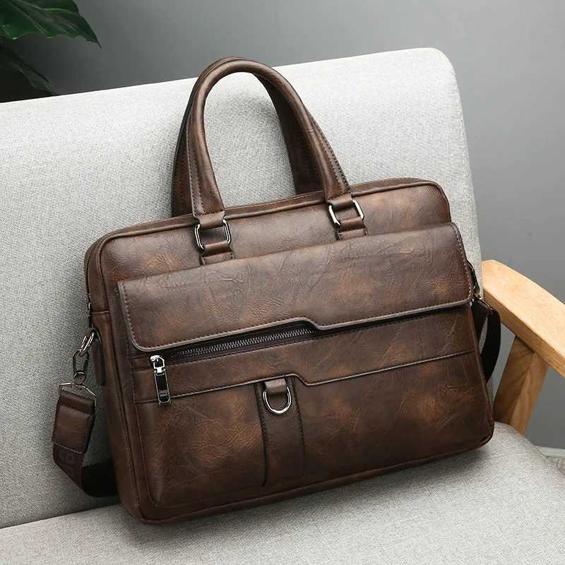Mens luxury briefcase PU leather office handbag laptop shoulder business messenger horizontal side Portafolio bag Z250220