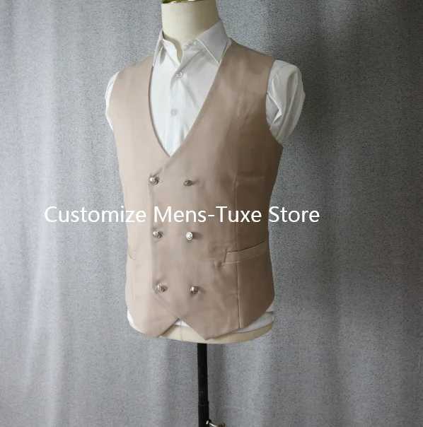 Beige Suits for Men 3 Piece Stand Collar Double Breasted Male Suit Slim Fit Causal Formal Elegant Groom Wedding TuxedoXJ250222