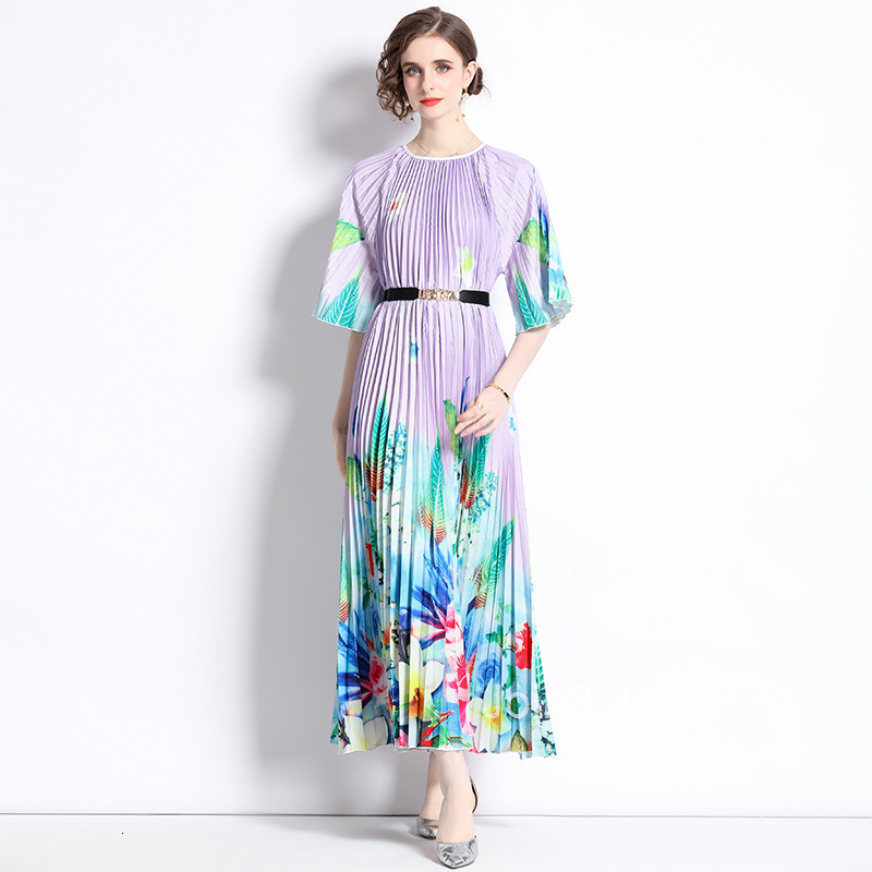Summer New Womens Artistic Style Printed Mid Sleeve Round Neck Hundred Fold Large Swing Long Dress