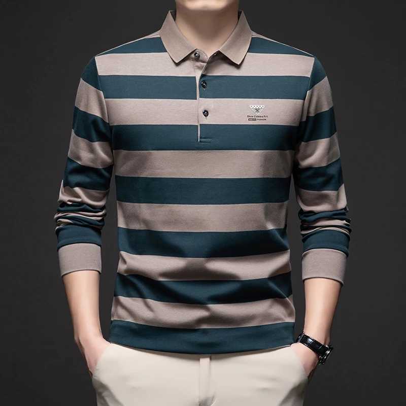 Men's Polos High end brand long sleeved mens polo shirt autumn fashion striped custom badge high-end design soft cotton casual T-shirt z250222