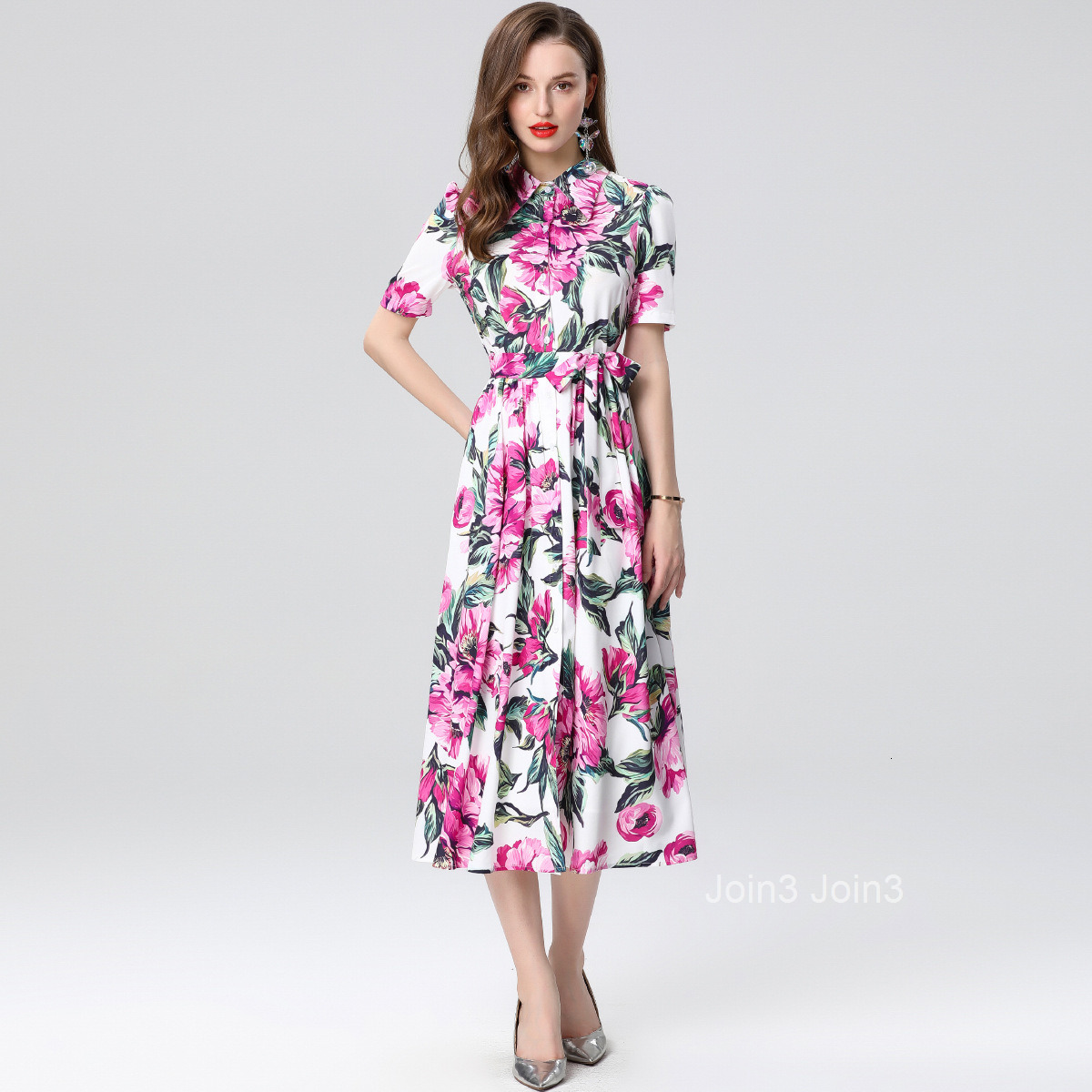 Summer New Womens Clothing Style Collar Short Sleeve Waist for Slimming Printed Long Dress