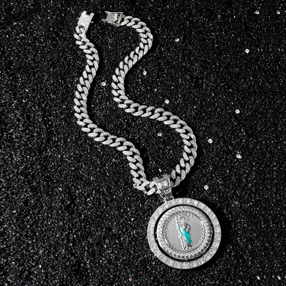 Mens Hip Hop Rotatable St. Jude San Judas Pendant Necklace with Cuban Chain Religious rotation Saint Jude Idol Pendants Jewelry 250222